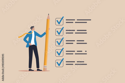 Man with giant pencil checks off task list, business concept illustration