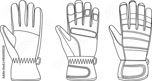 Glove, vector, illustration, sketch, outline, fashion, gear, durable, ergonomic, structured, silhouette, layout, design, protection, accessory, padded, strap, zigzag, wrist, reinforced, palm