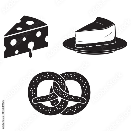Cheese slice cake pretzel bakery food snack icon set vector illustration