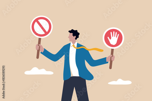 Man holding stop and prohibition signs, dilemma, choice, decision, strategy