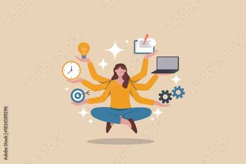 Multitasking woman meditating with icons representing work and productivity