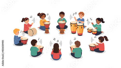 Diverse group of happy children joyfully learning rhythm while playing various percussion drums together