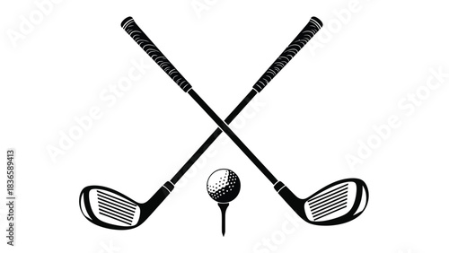 Two crossed golf clubs with a golf ball on a tee are displayed against a white background, representing the sport of golf.