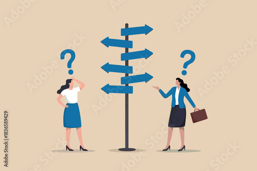 Two women confused at crossroads sign with question marks above