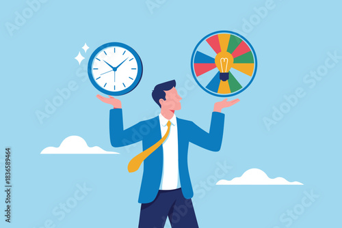 Man balancing a clock and a lightbulb idea wheel in clouds