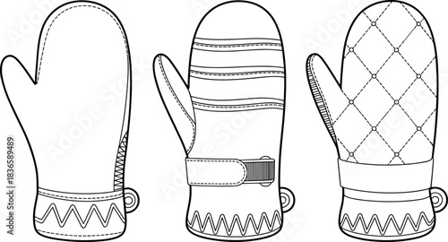 Mitten, winter, vector, illustration, sketch, outline, fashion, gear, durable, ergonomic, structured, silhouette, layout, design, protection, accessory, quilted, strap, zigzag, cuff, loop