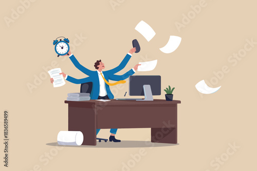 Multitasking businessman juggling tasks, phone, and documents under pressure