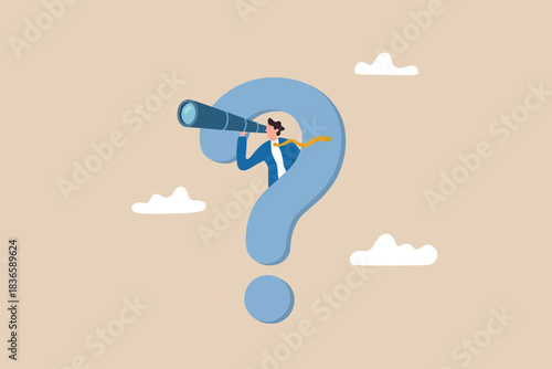 Businessman with telescope searches for answers on question mark