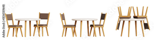 Dining room group, round table and chairs upside down. Render 3d set of empty interior furniture for home, restaurant or cafe. Kitchen desk of white plastic top, wooden legs and seats