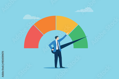 Businessman pointing at high performance on a colorful gauge meter 60
