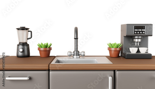 Fototapeta Naklejka Na Ścianę i Meble -  Kitchen interior with stainless sink and faucet on countertop front view. Realistic 3d render of wood table with electric blender, coffee machine, plants, cabinets, ceramic tile wall