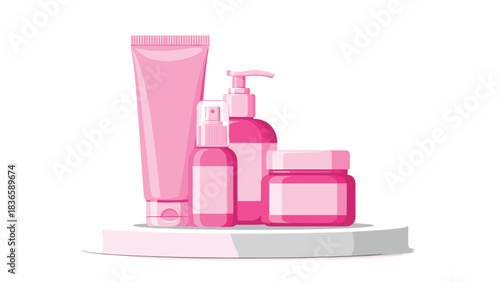 Stunning collection of modern pink cosmetic skincare bottles and jars displayed elegantly on a minimalist podium