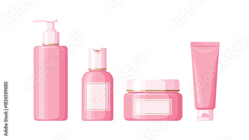 Stunning collection of elegant pink skincare bottles and jars ready for your beauty branding mockup needs