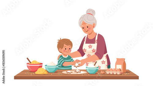 Loving grandmother and happy grandson bake star cookies together creating sweet family memories in the kitchen