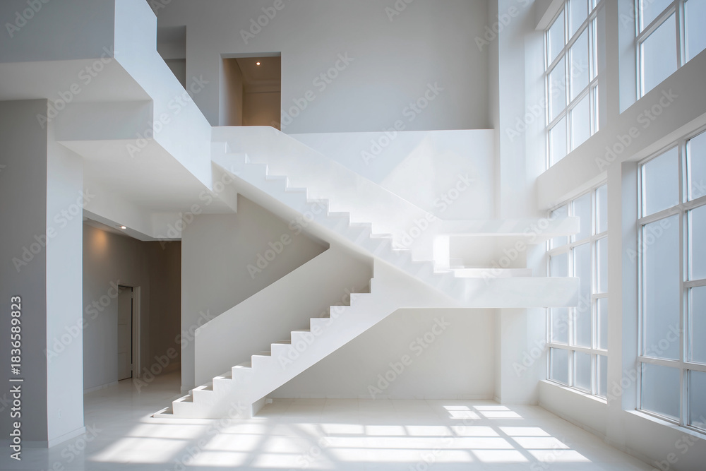 Obraz premium A white staircase is in the middle of a large, empty room