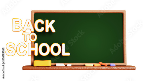 Fototapeta Naklejka Na Ścianę i Meble -  3d back to school banner with green blackboard on blue wall background. Classroom chalkboard with wood frame and color chalk on shelf. Render education scene for student promotion