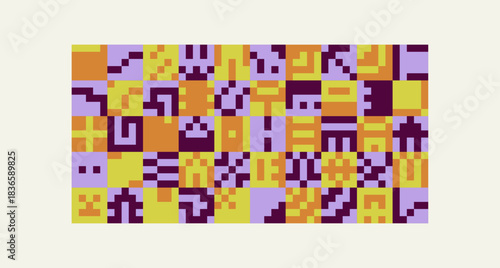 Ethnic pixel mosaic with abstract tribal geometric symbols
