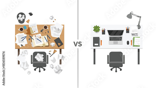 Stunning contrast between messy and organized modern office desk setups for productivity goals