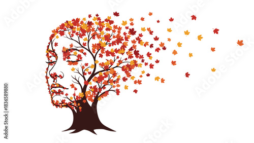 Stunning fusion of a woman's profile and a vibrant autumn tree losing leaves to the wind