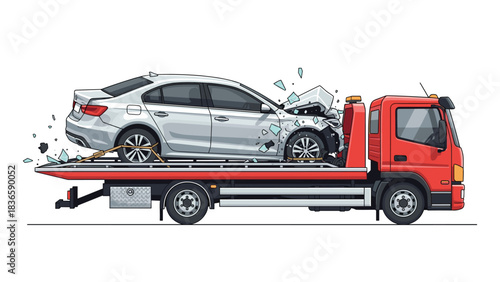 Damaged silver sedan being carefully loaded onto a bright red tow truck after a severe accident