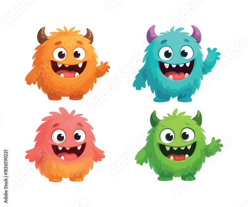 Four different colored monsters with big teeth. One is green, one is orange, one is blue, and one is red. Vector EPS 10