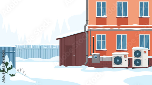 Modern home exterior showcases powerful heat pump units operating efficiently despite heavy winter snow and cold weather