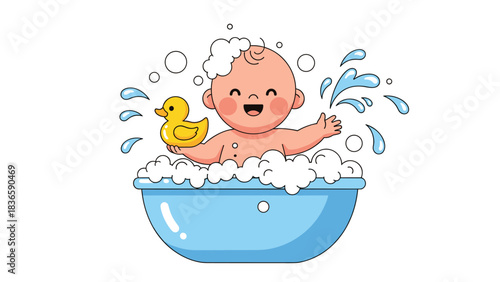 Joyful baby splashing happily during bath time while holding a classic yellow rubber duck toy