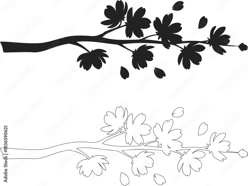 Fototapeta premium Cherry Blossom Branch Silhouette with Outline Version Sakura Flower Tree Plant Isolated on Transparent Background Vector Illustration