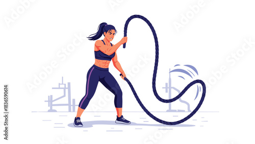 Determined athlete powerfully slams heavy battle ropes during intense functional fitness training session