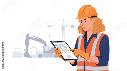 Professional female engineer reviews site blueprints on a tablet with construction equipment background