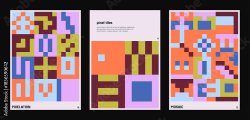 Colorful pixel mosaic posters with abstract geometric patterns