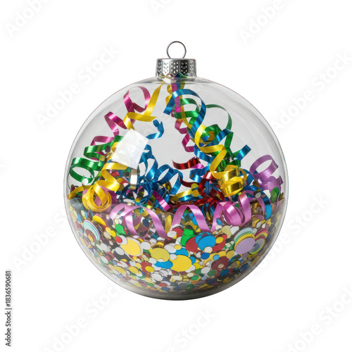 A clear christmas ornament filled with colorful confetti and streamers