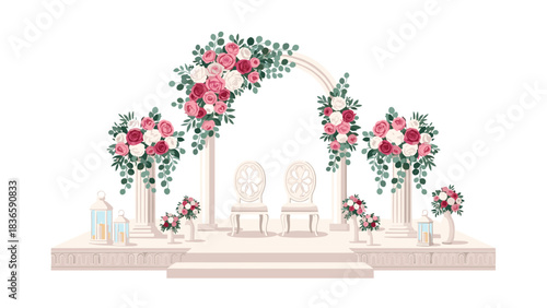 Stunning romantic wedding ceremony arch setup with elegant chairs and abundant pink rose floral arrangements