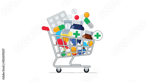 Conveniently purchase essential medications and colorful vitamins easily using a shopping cart icon