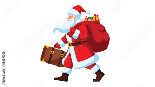 Jolly Santa Claus walking with heavy sack of presents and vintage brown suitcase ready for travel