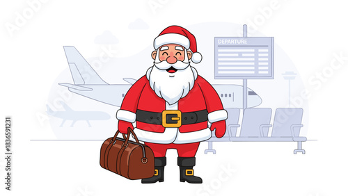 Joyful Santa Claus traveling for holiday delivery arriving at the airport departure gate
