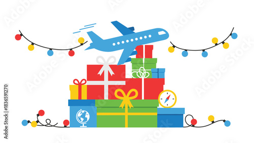 Exciting holiday travel plans take off with colorful gifts ready for an adventurous journey