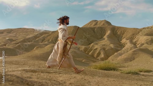Solitary figure of Messiah dressed in simple, ancient-style robes walks through a sunlit desert, using a wooden staff for support as they move across the dry, textured ground. Christian and spiritual