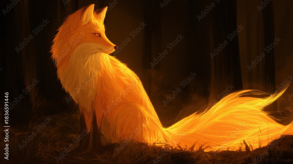 Naklejka premium Kitsune Fox Spirit in Glowing Forest Representing Magic and Intelligence in Japanese Folklore at Night