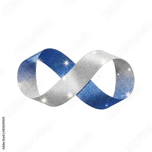 Infinity symbol glittering ribbon in blue and silver on black background