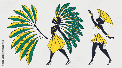Vector illustration stylized illustration of two female carnival dancers in black, yellow, and green feathered costumes against a light background