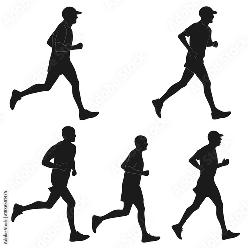 Vector illustration collection of six black silhouette icons depicting male figures engaged in various stages of running or jogging motion