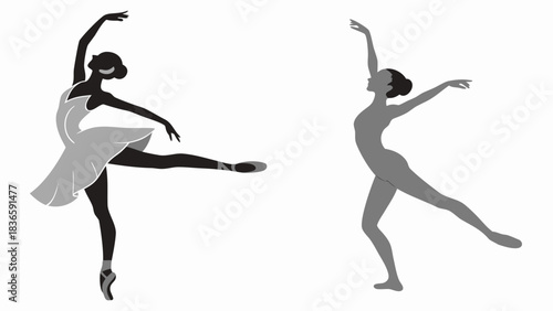 Vector illustration two graceful female ballet dancers performing elegant arabesque poses in silhouette