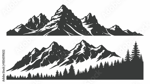 Vector illustration black and white silhouette vector graphic of rugged mountain ranges with sharp peaks and pine tree line