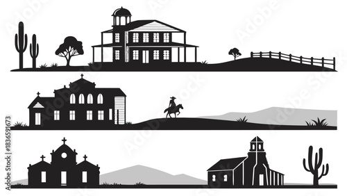 Vector illustration silhouette collection of western town buildings, desert landscape elements, and a lone cowboy on horseback