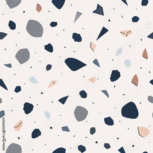 Seamless Terrazzo texture pattern. Italian Venetian mosaic floor background with scattered stone fragments and quartz chips. Modern minimal vector wallpaper.