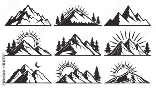 Vector illustration collection of nine black and white vector illustrations depicting various mountain ranges with sun and tree elements