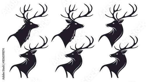 Vector illustration set of six black silhouette deer head icons with large antlers