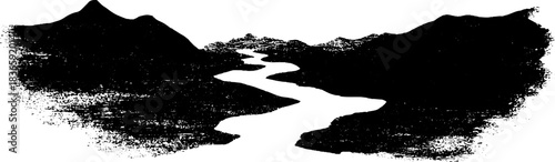 Monochrome stencil art of deep fog and mountainous landscape for design projects