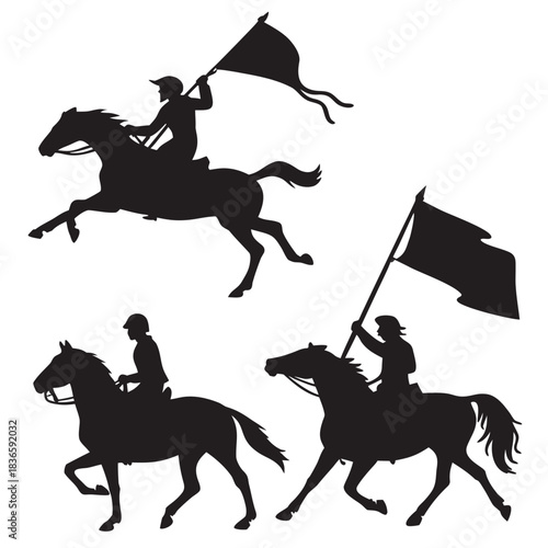 Vector illustration silhouette set of three horse riders carrying flags